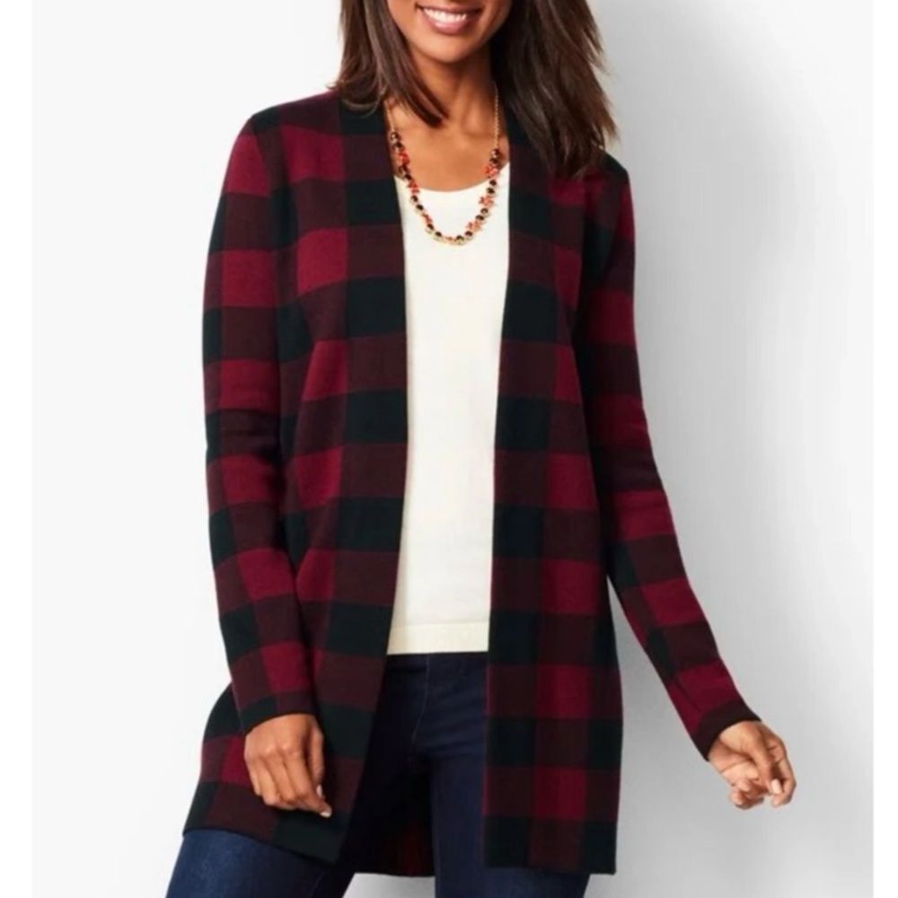 Talbots petites Marino wool buffalo plaid cardigan winter black purple